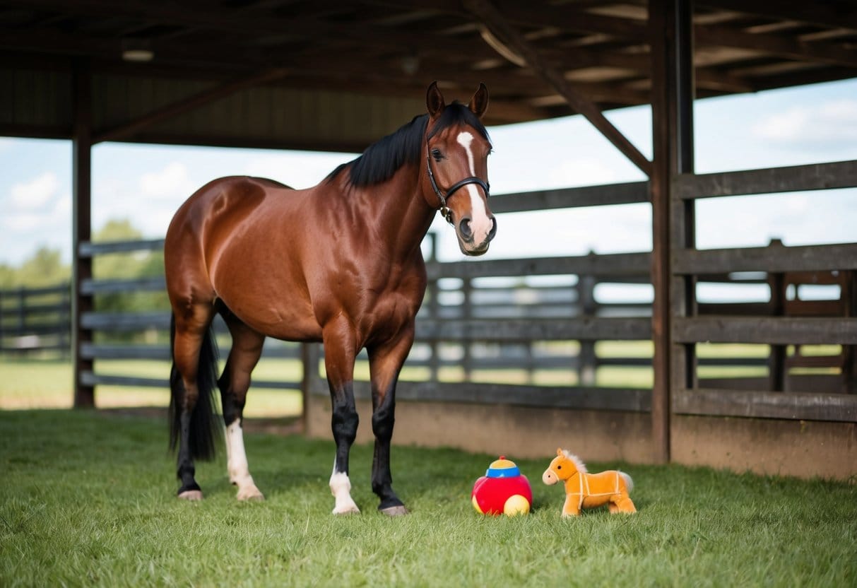 A happy horse in a field and stable with toys translated into Danish is: En glad hest på en mark og i en stald med legetøj